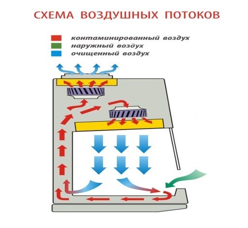 Бокс (шкаф) биологической безопасности, класс II (тип A2), вертикальный поток, ширина рабочей поверхности 120 см,  ВА safe-1,2 с подставкой, схема воздушных потоков