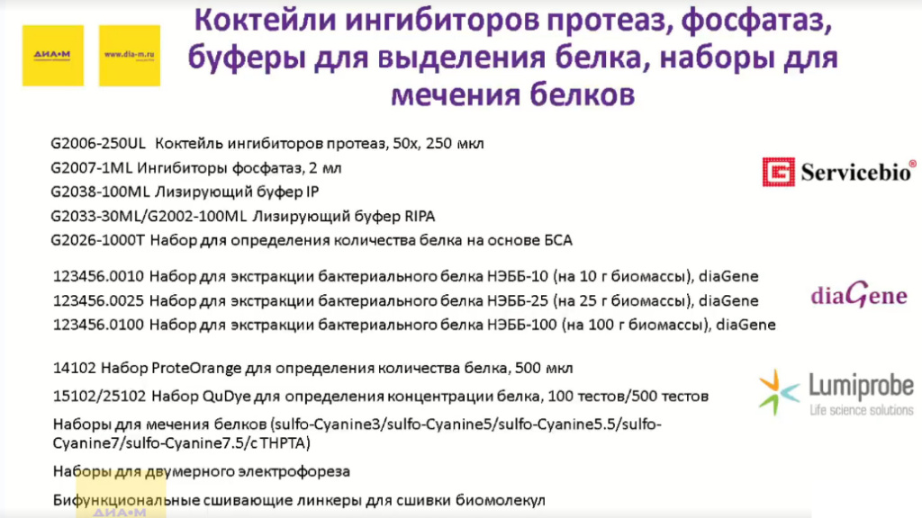 Коктейли ингибиторов протеаз, фосфатаз, буферы для выделения белка, наборы для мечения белков