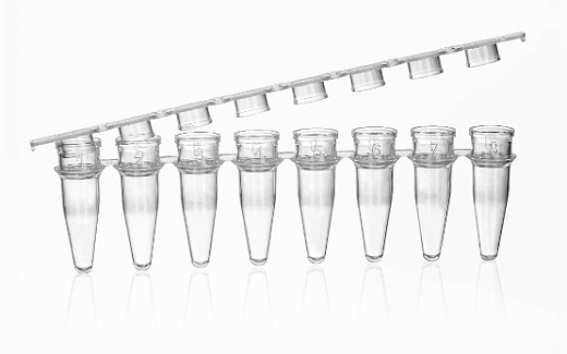Пробирки для ПЦР в стрипах, 0,2 мл, 1×8, с плоскими крышками, прозрачные, полипропилен, 125 шт./уп., 1250 шт./кор., JetBiofill