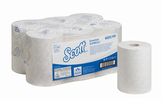 Полотенца бумажные 190 х 0,198 м, Scott Essential Slimroll, рулонные, белые, однослойные, 6 рулонов х 190 м