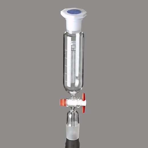 Воронка капельная, 50 мл, цилиндрическая, шлиф 14/23, запорный кран из PTFE, со стержнем внутри конуса, пробка ПП, 1 шт./уп., Glassco