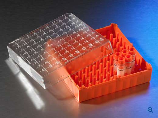 Штатив для хранения криопробирок 1-2 мл, 81 место, поликарбонат, с крышкой, оранжевый, 5 шт./уп.