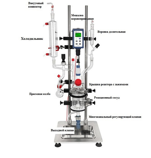Реактор лабораторный, 200 °С, 1000 мл, все в одном, с рубашкой, верхнеприводной мешалкой OHS.2, c штативом, BTG1000 Фото 2