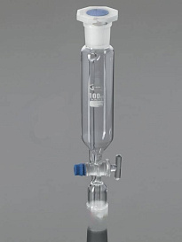 Воронка капельная с компенсатором давления, 50 мл, цилиндрическая, шлиф 14/23, запорный кран из PTFE, с капельным штоком, пробка ПП, 1 шт./уп., Glassco